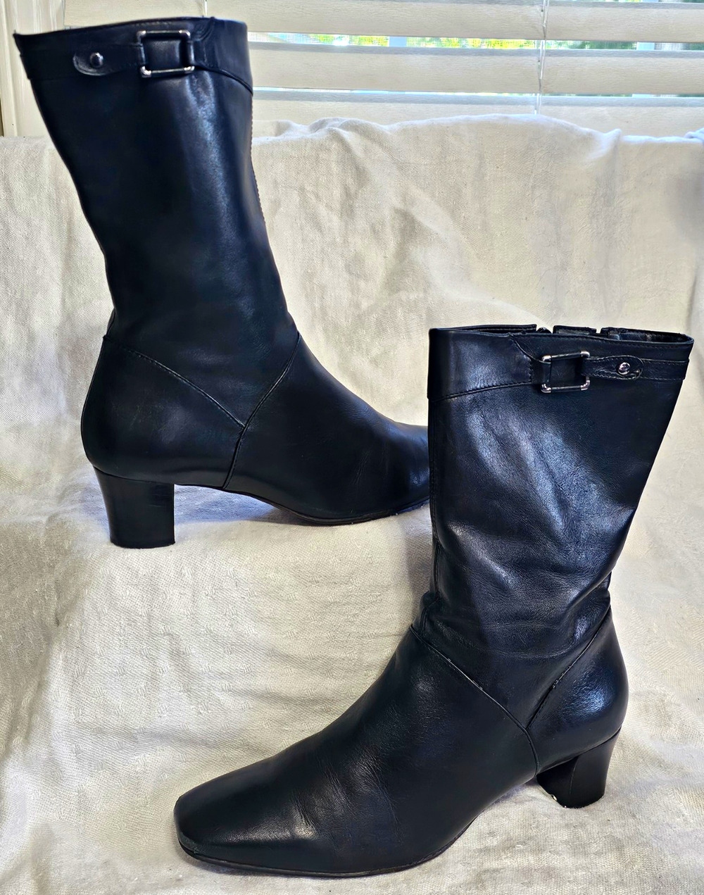 Antonio Melani Black Leather Mid-Calf Boots Block Heel Square Toe Women's Size 7
